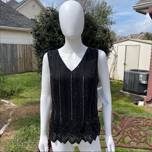 💋Papell Evening Black Beaded Sequined Luxury Camisole - Picture 1 of 15